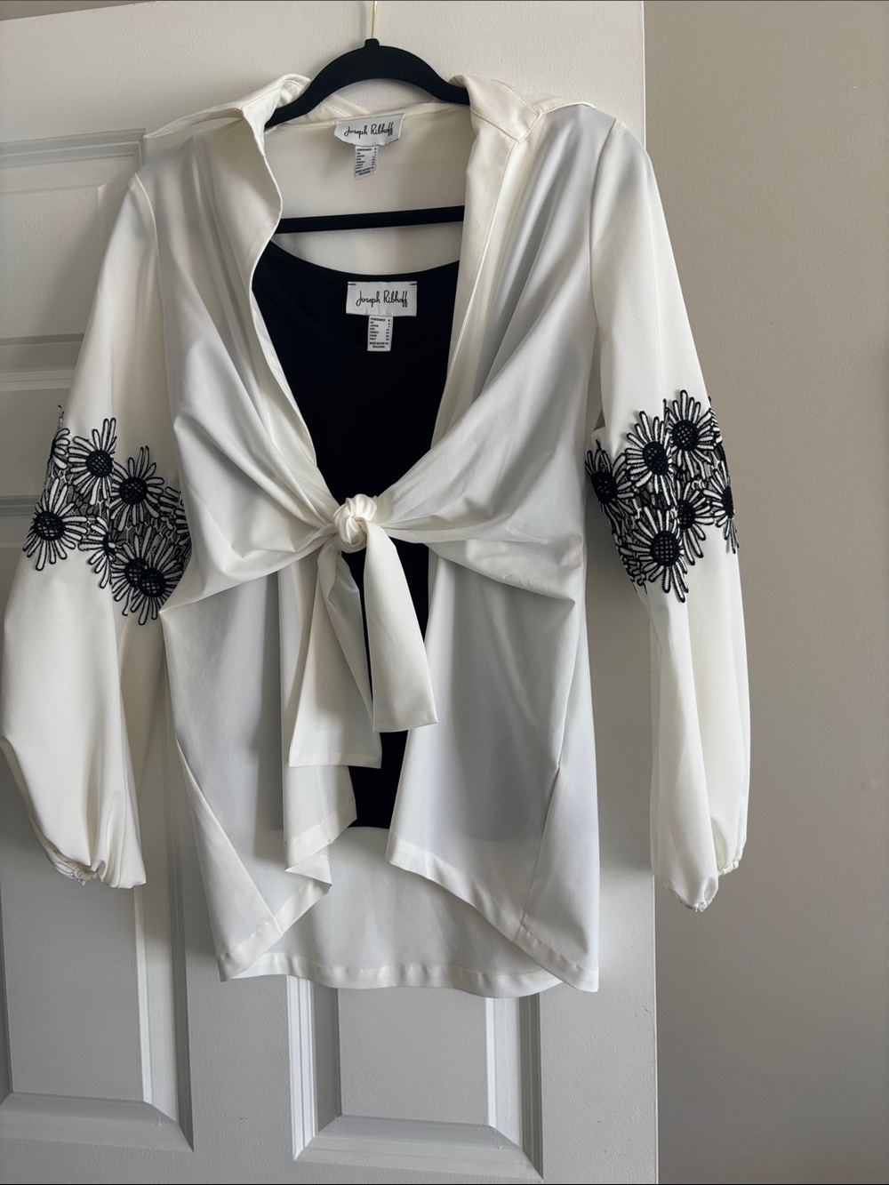 Joseph Ribkoff White Tie-Front Blouse with Black Floral Sleeve Embroidery